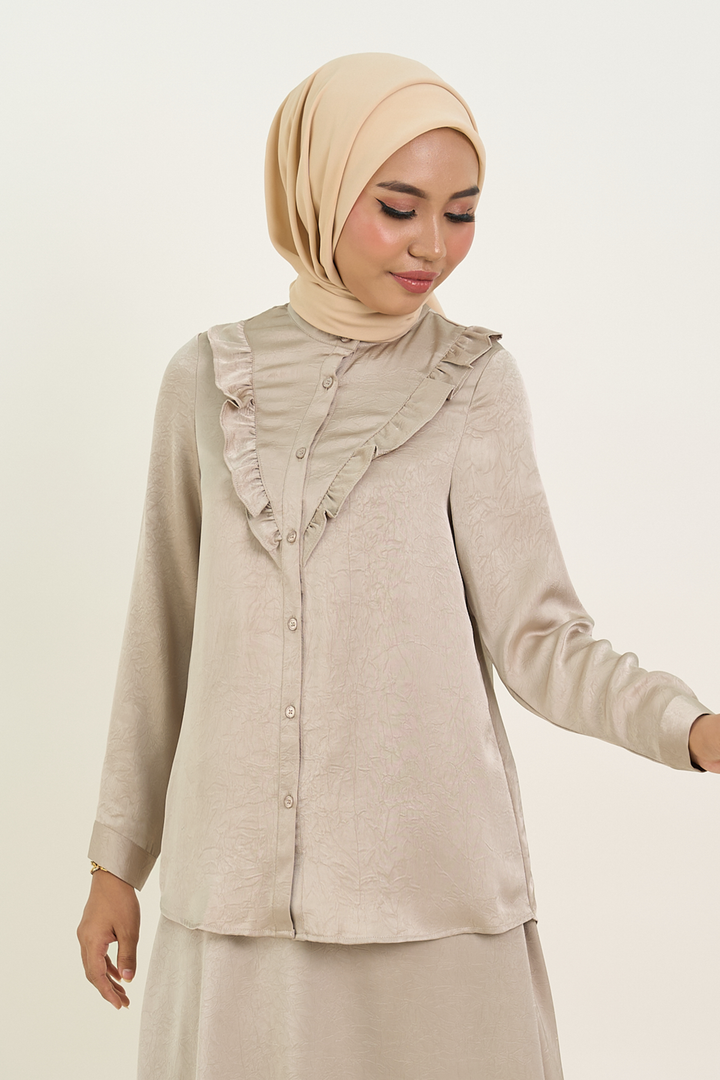 Isabelle Satin Ruffled Blouse Latte