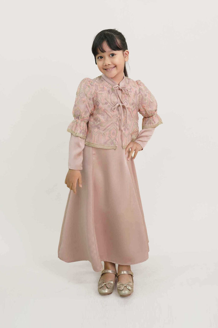 Lenora Kids Dress with Embroidered Organza Cardigan in Pink