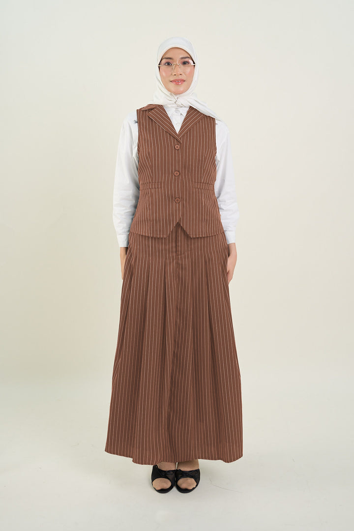 Naomi Stripe Print Long Pleated Skirt Coffee