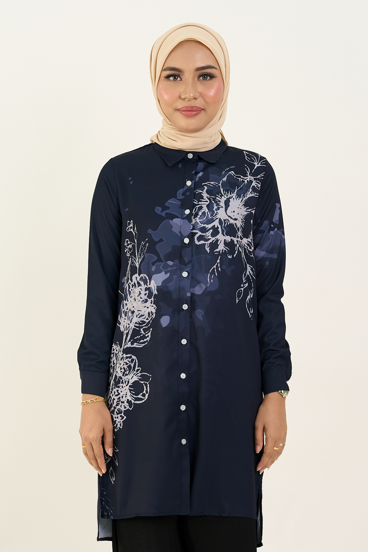 Nerina Printed Long Blouse Navy