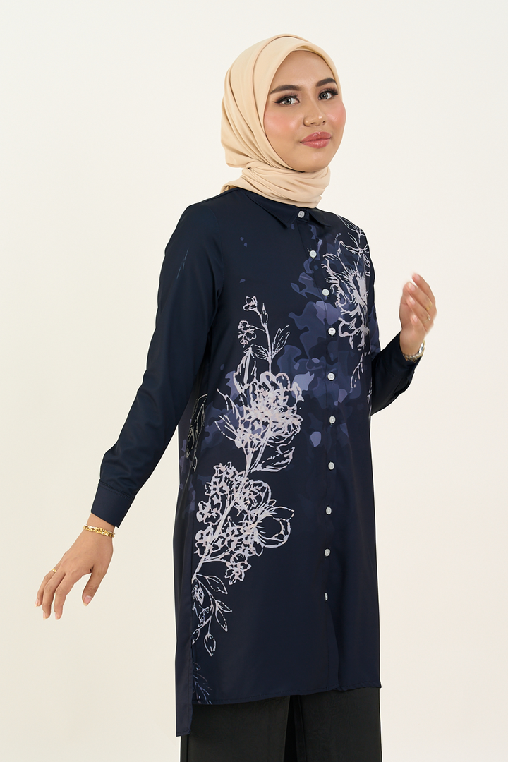 Nerina Printed Long Blouse Navy