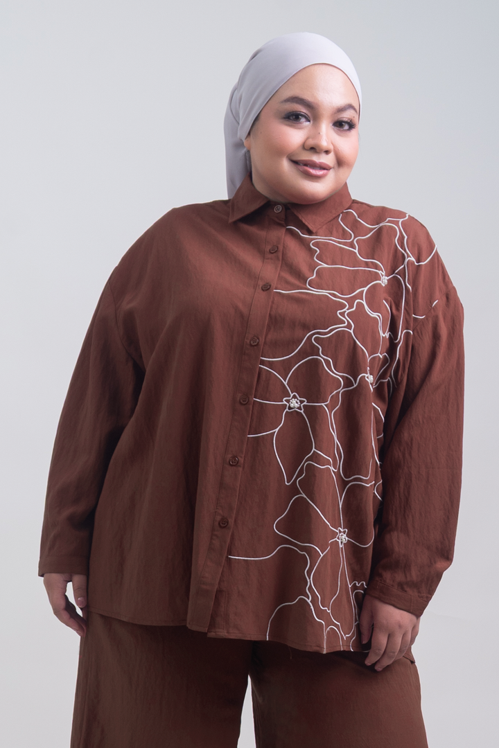 Lunara Plus Size Cotton Embroidered Shirt Copper Brown
