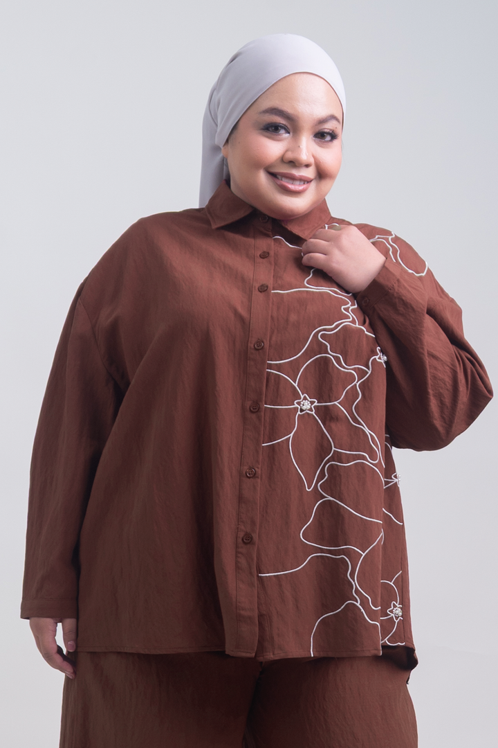 Lunara Plus Size Cotton Embroidered Shirt Copper Brown