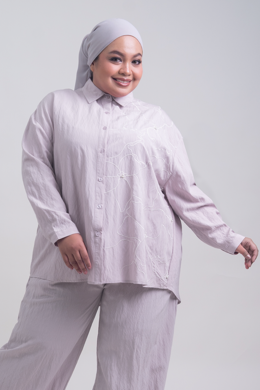 Lunara Plus Size Cotton Embroidered Shirt Pastel Purple
