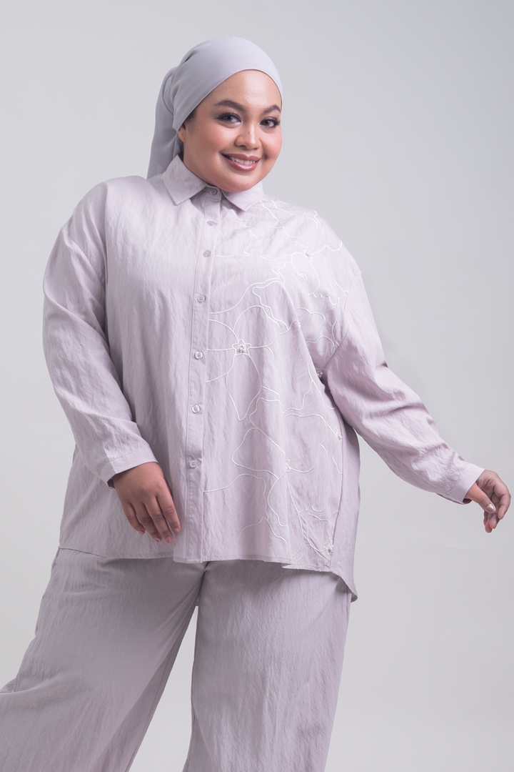 Lunara Plus Size Cotton Embroidered Shirt Pastel Purple