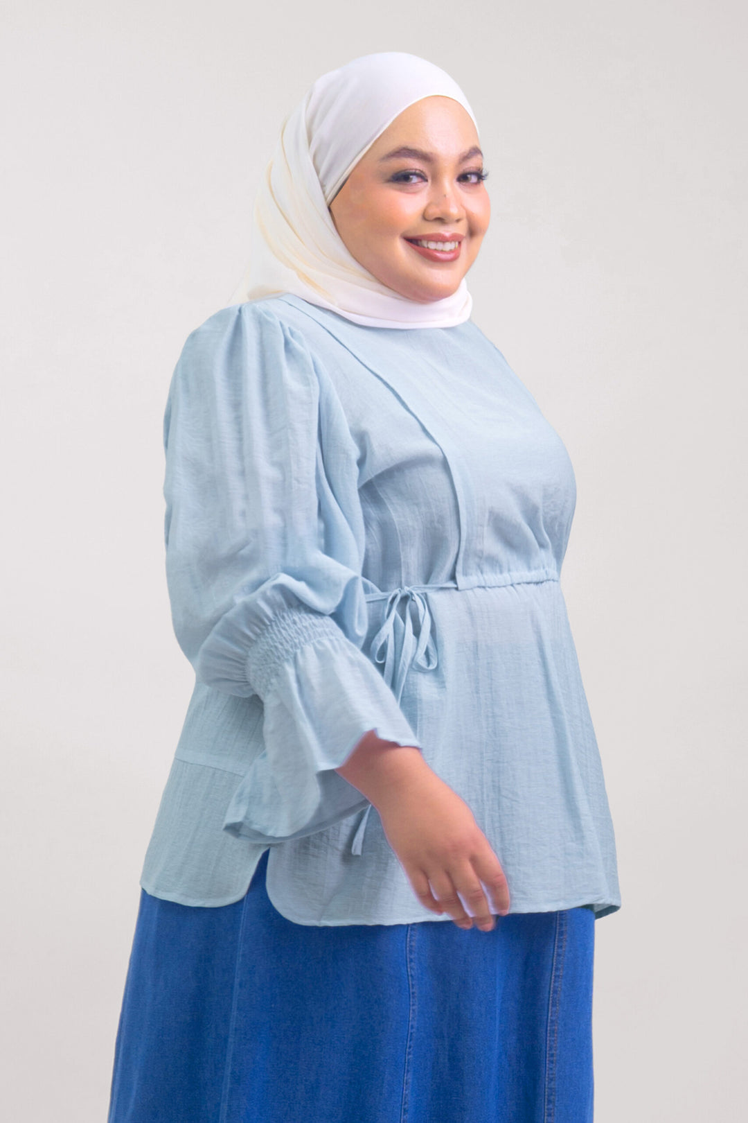 Qiena Plus Size Linen Blouse Light Blue