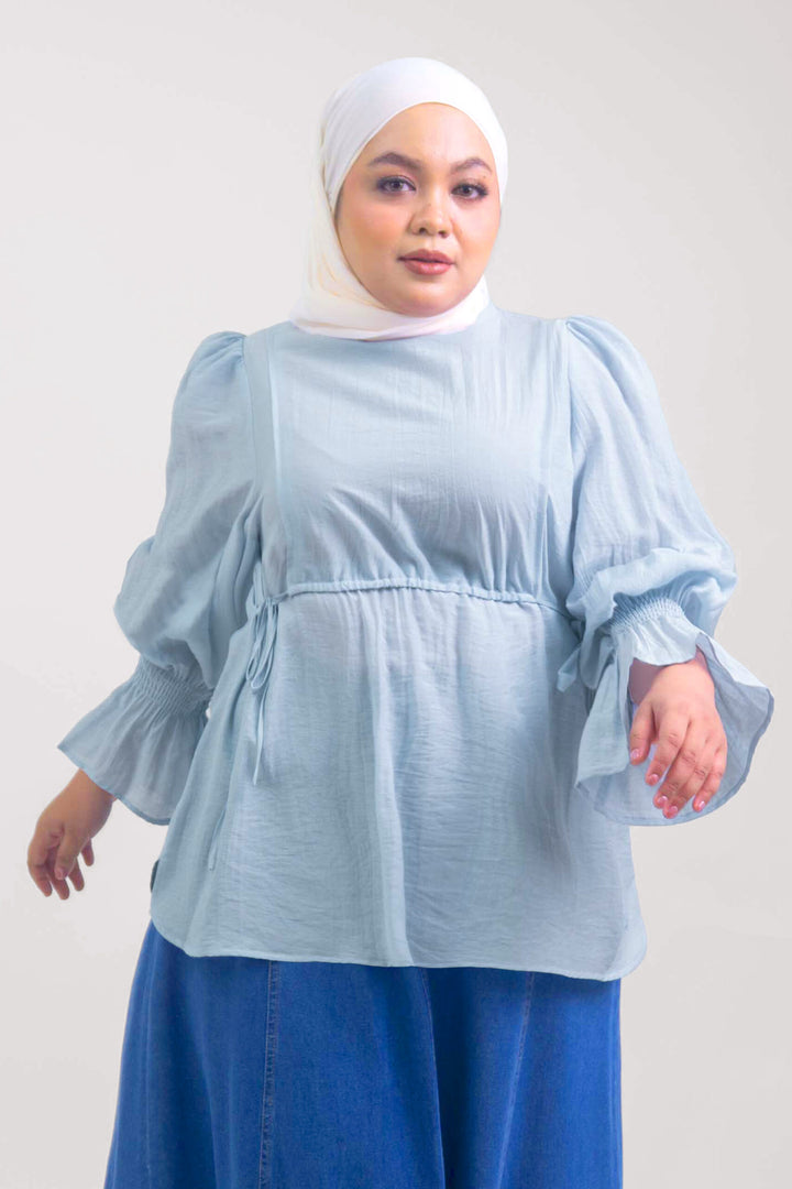 Qiena Plus Size Linen Blouse Light Blue