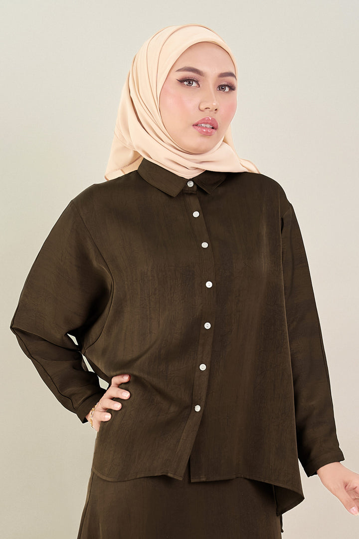 Renata Glitter Brushed Satin Shirt Brown