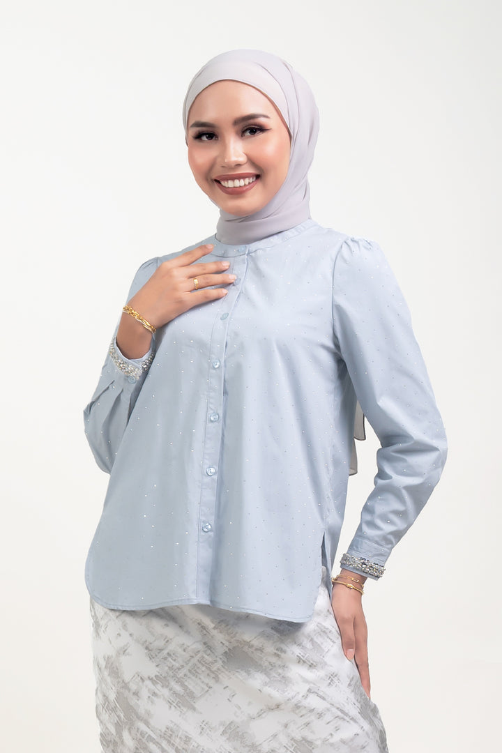 Shayla Crystal Cotton Blouse Blue