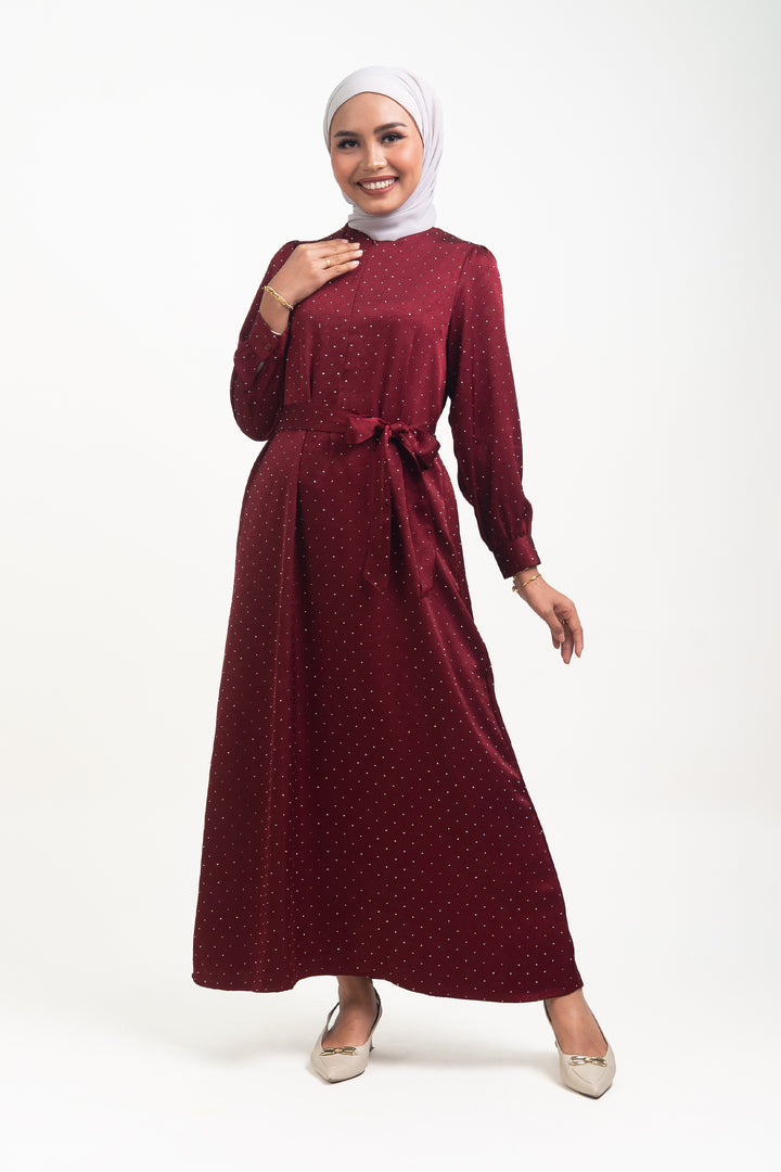 Silvie Crystal Crush Satin Dress Burgundy