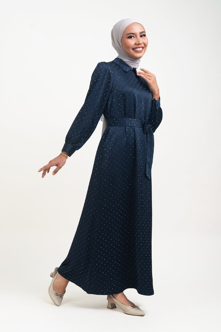 Silvie Crystal Crush Satin Dress Navy