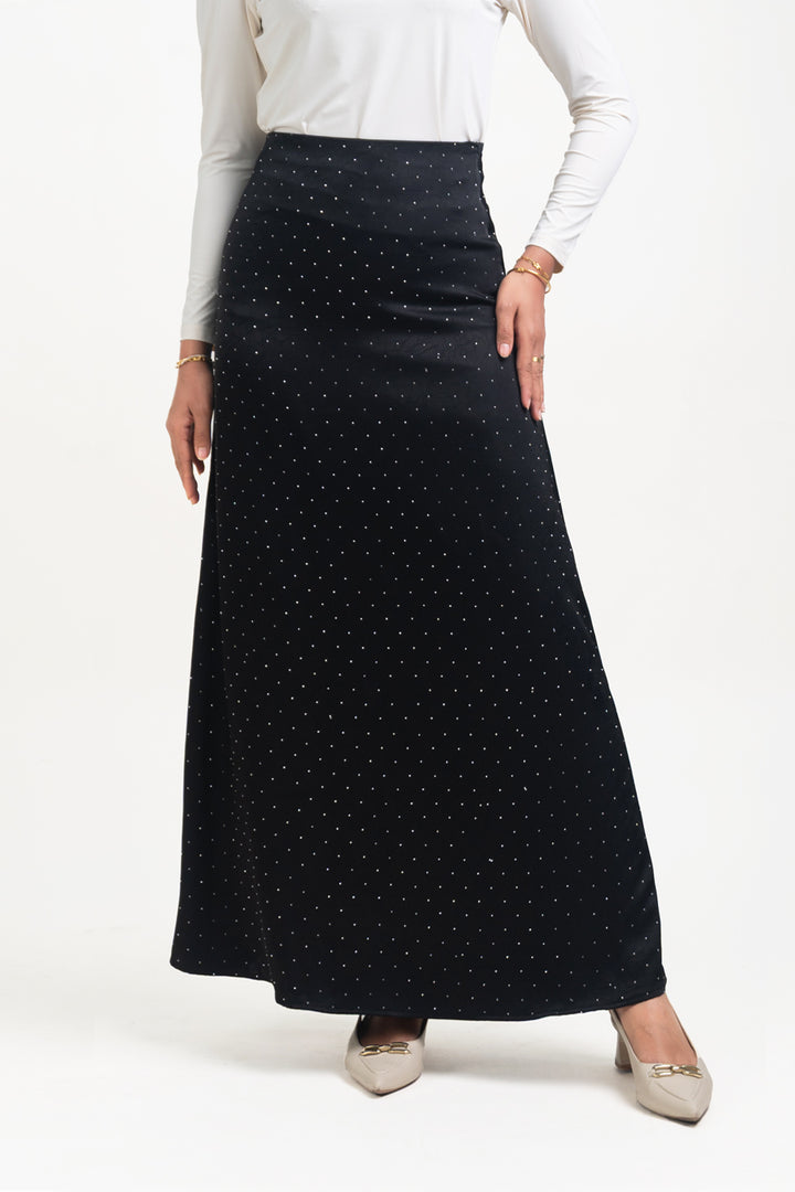 Silvie Crystal Crushed Satin Skirt Black