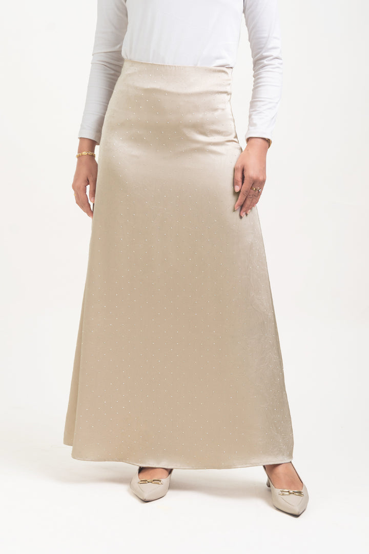Silvie Crystal Crushed Satin Skirt Latte