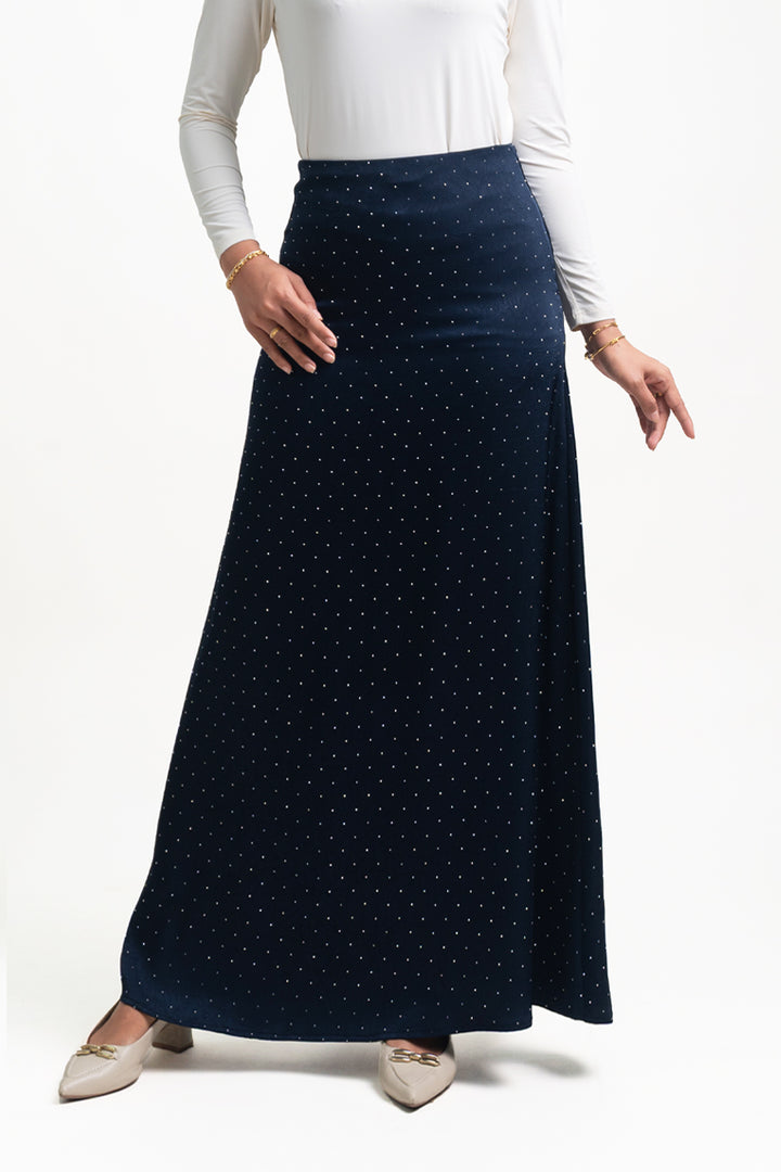Silvie Crystal Crushed Satin Skirt Navy