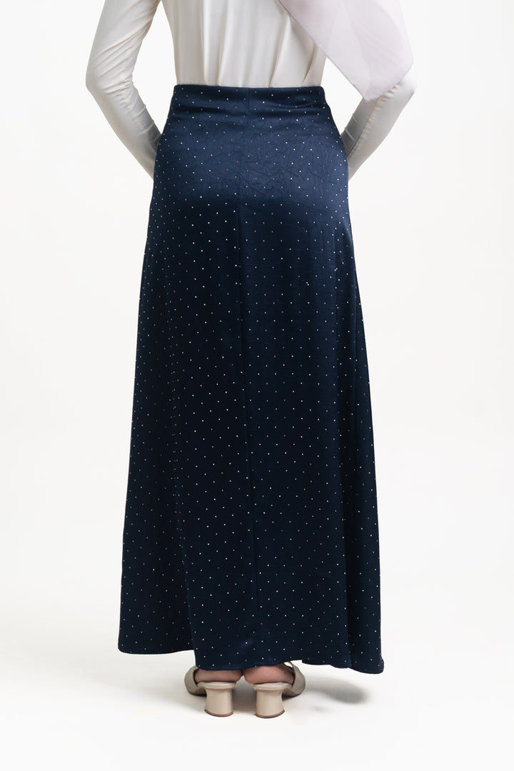 Silvie Crystal Crushed Satin Skirt Navy