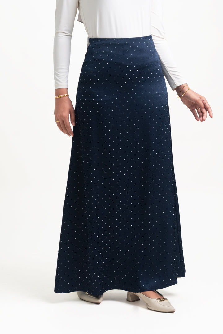 Silvie Crystal Crushed Satin Skirt Navy