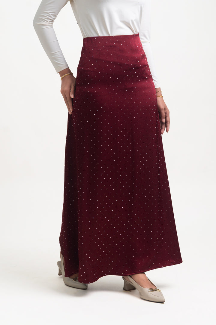 Silvie Crystal Crushed Satin Skirt Burgundy