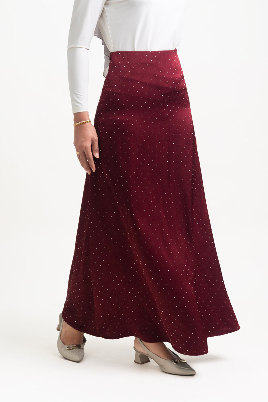 Silvie Crystal Crushed Satin Skirt Burgundy
