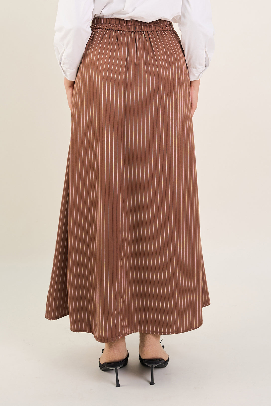 Naomi Stripe Print Long Pleated Skirt Coffee