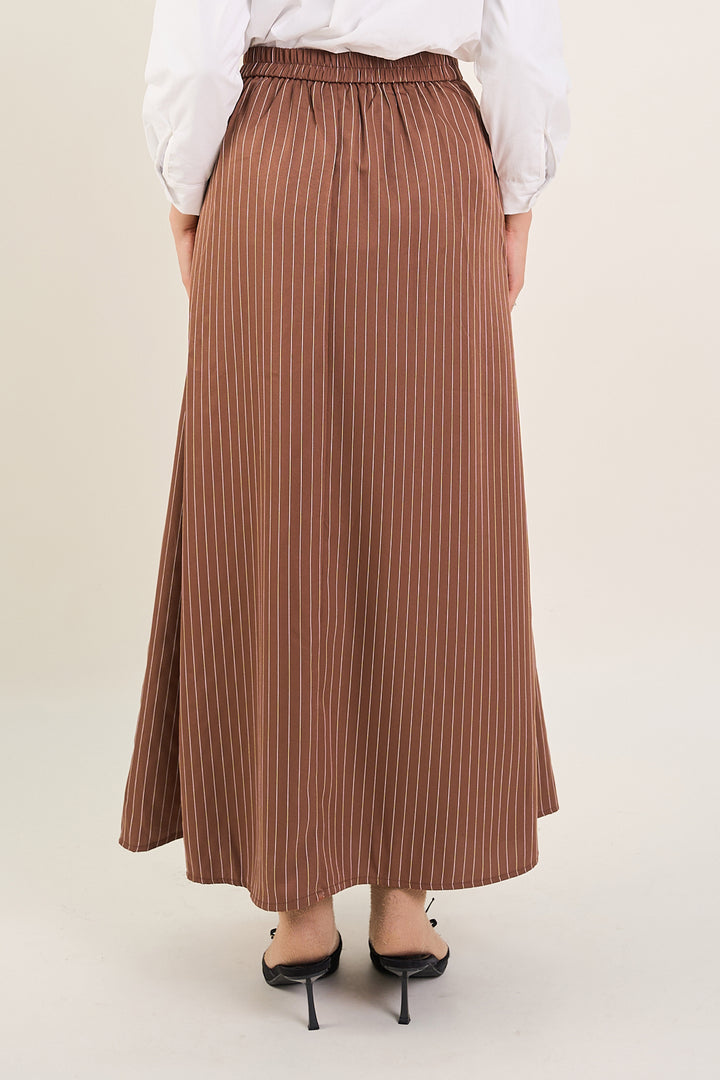 Naomi Stripe Print Long Pleated Skirt Coffee