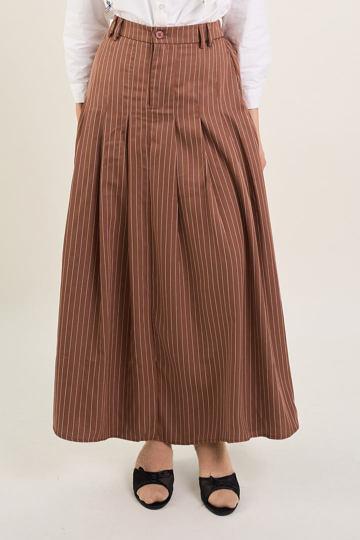 Naomi Stripe Print Long Pleated Skirt Coffee