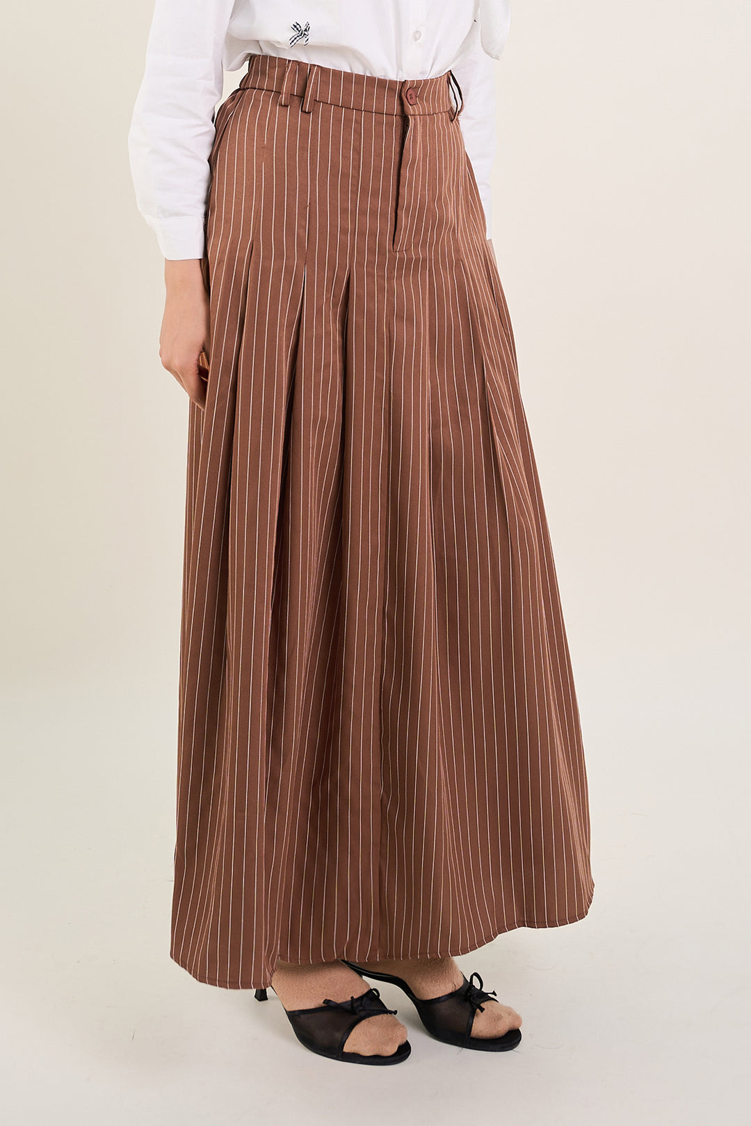Naomi Stripe Print Long Pleated Skirt Coffee