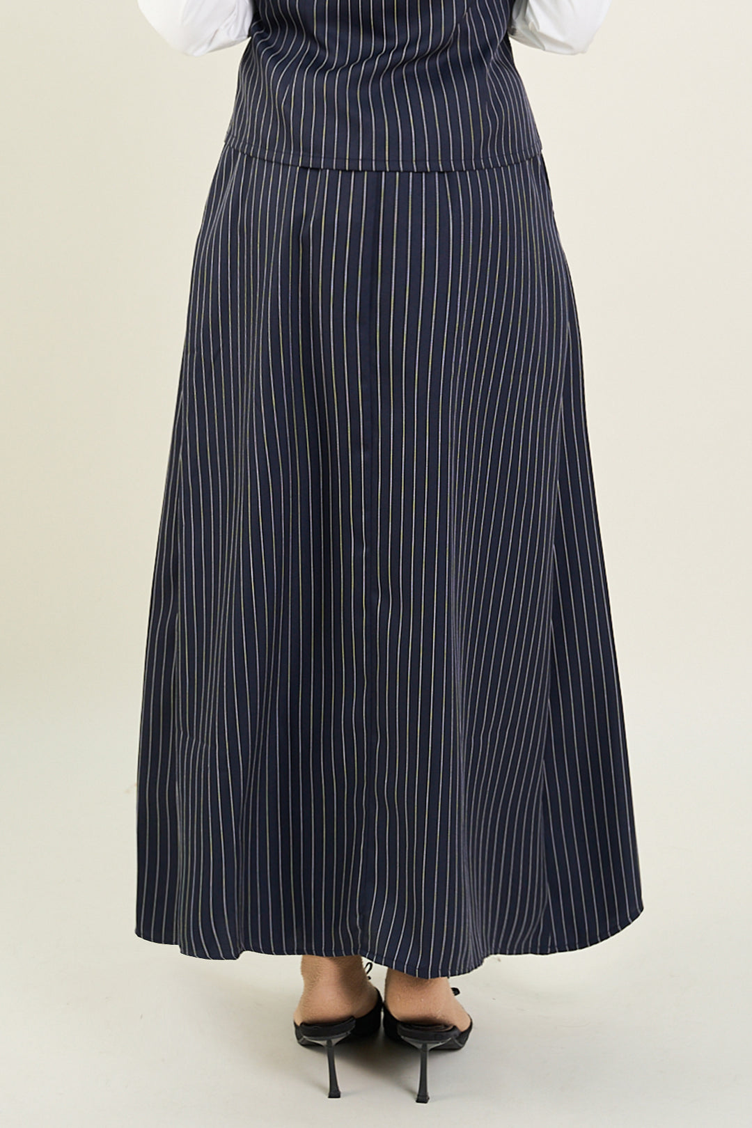 Naomi Stripe Print Long Pleated Skirt Navy
