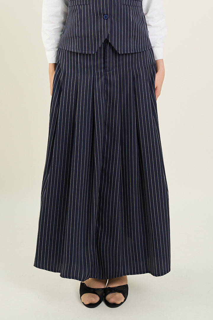 Naomi Stripe Print Long Pleated Skirt Navy