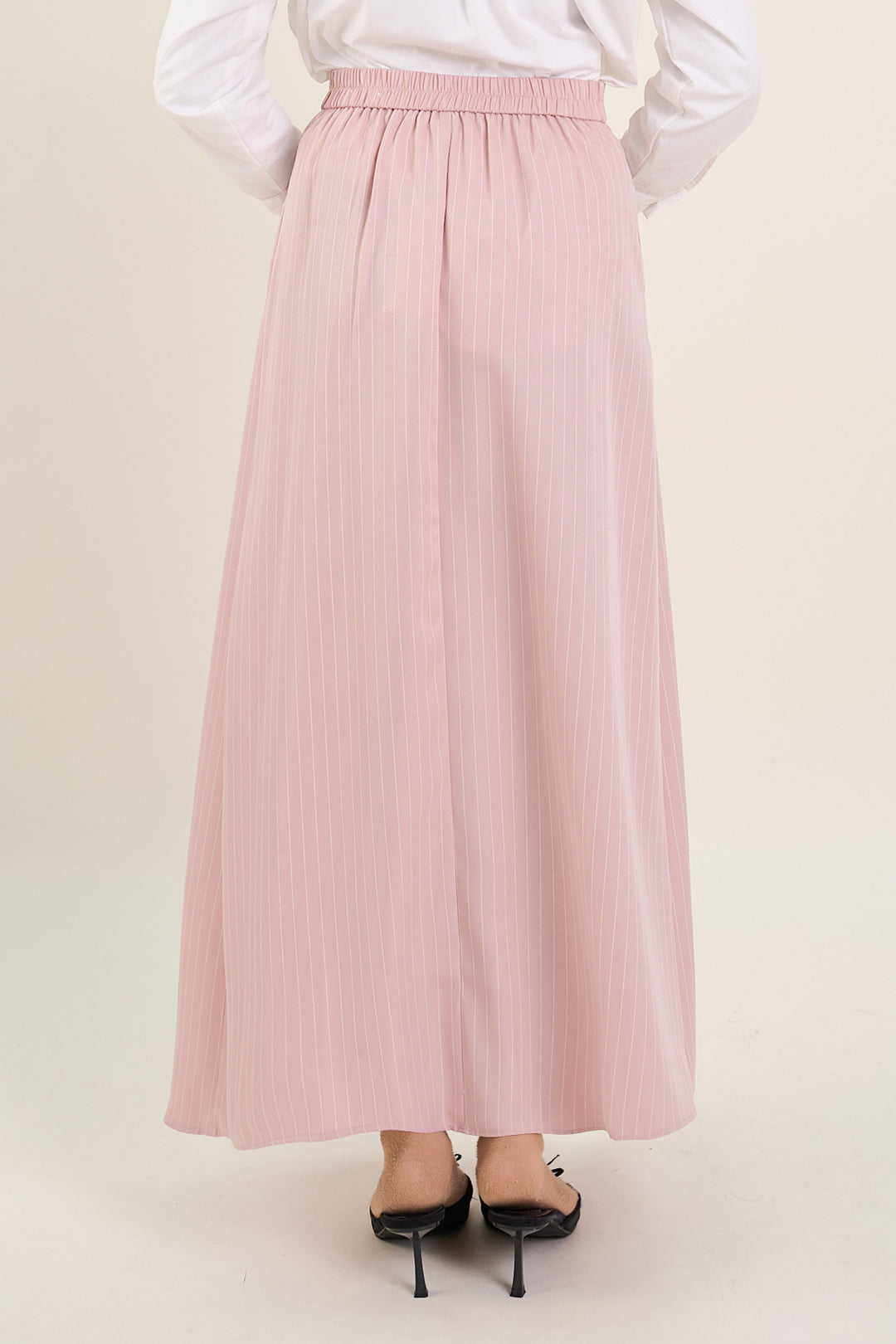Naomi Stripe Print Long Pleated Skirt Pink