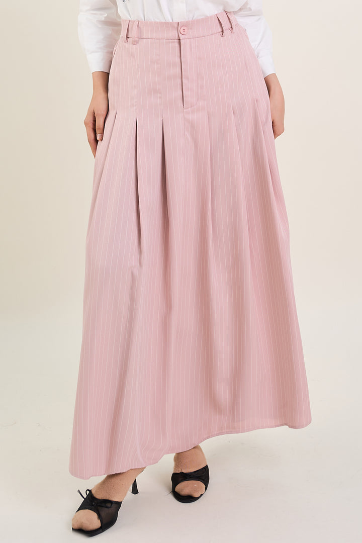 Naomi Stripe Print Long Pleated Skirt Pink