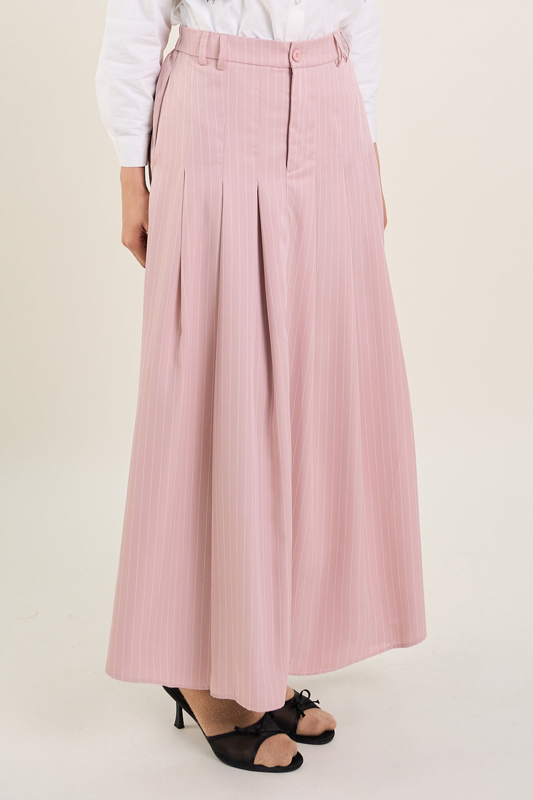 Naomi Stripe Print Long Pleated Skirt Pink