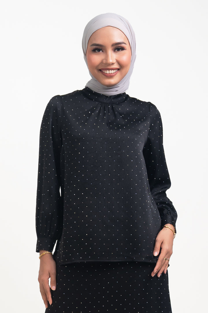 Silvie Crystal Crush Satin Blouse Black