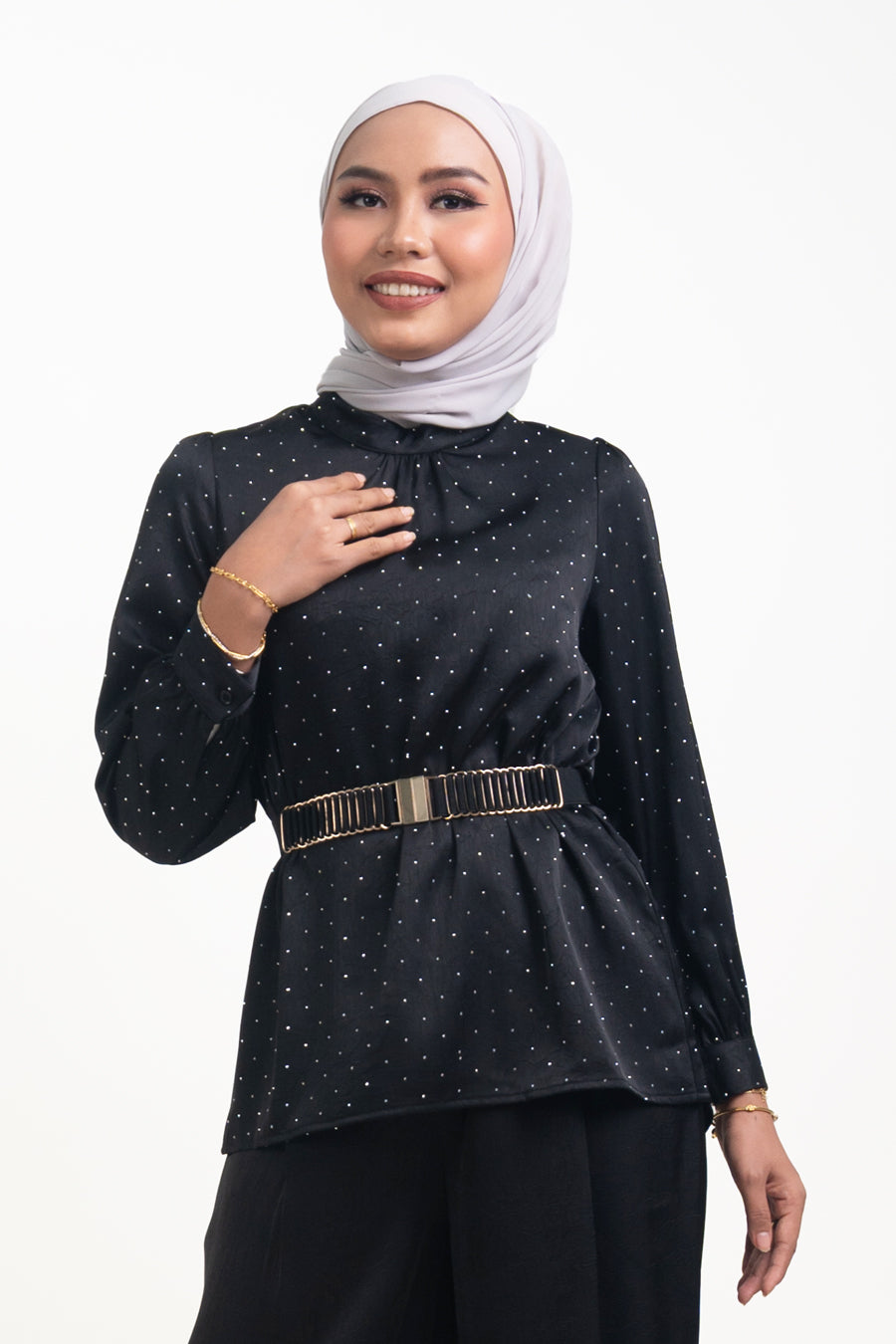 Silvie Crystal Crush Satin Blouse Black