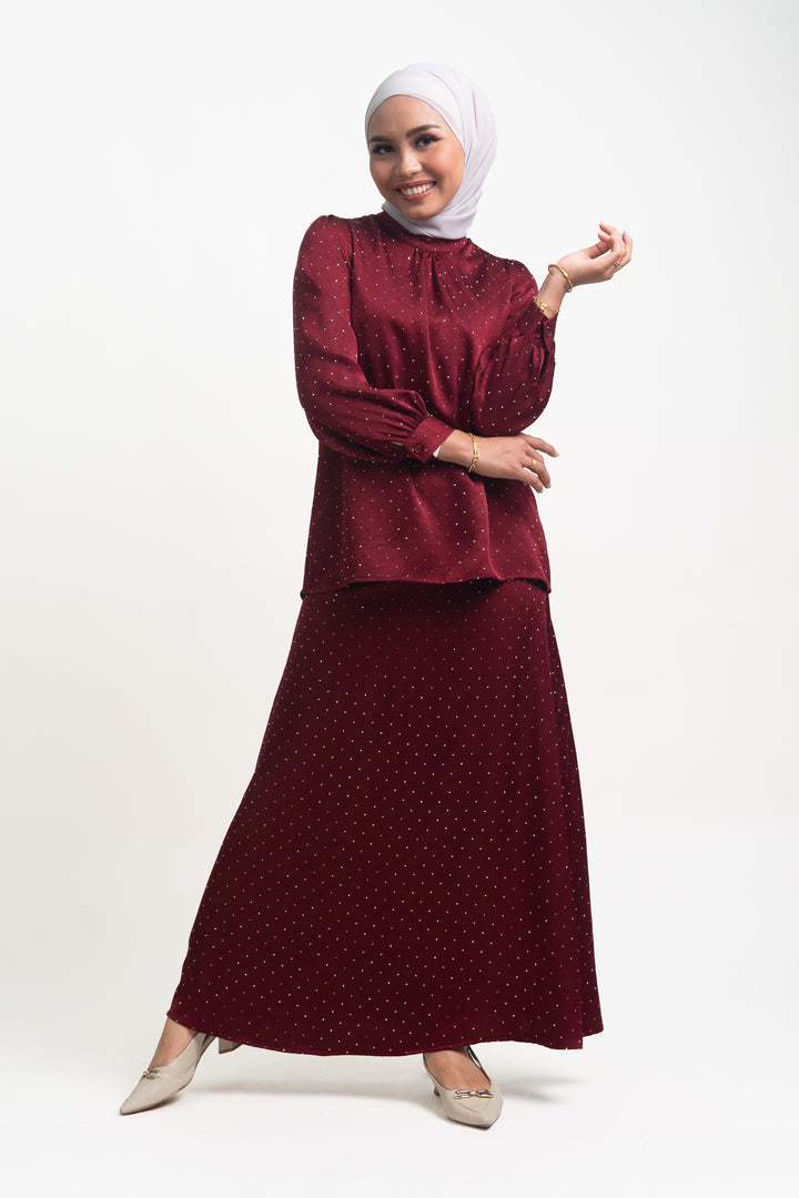 Silvie Crystal Crushed Satin Skirt Burgundy