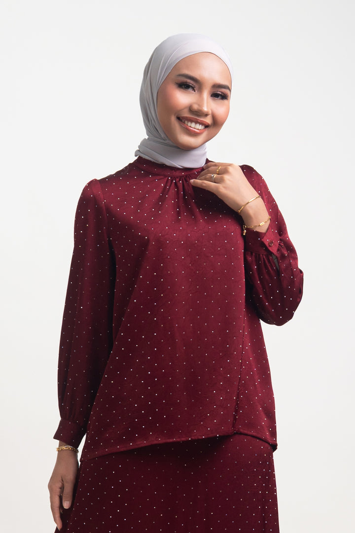 Silvie Crystal Crush Satin Blouse Burgundy
