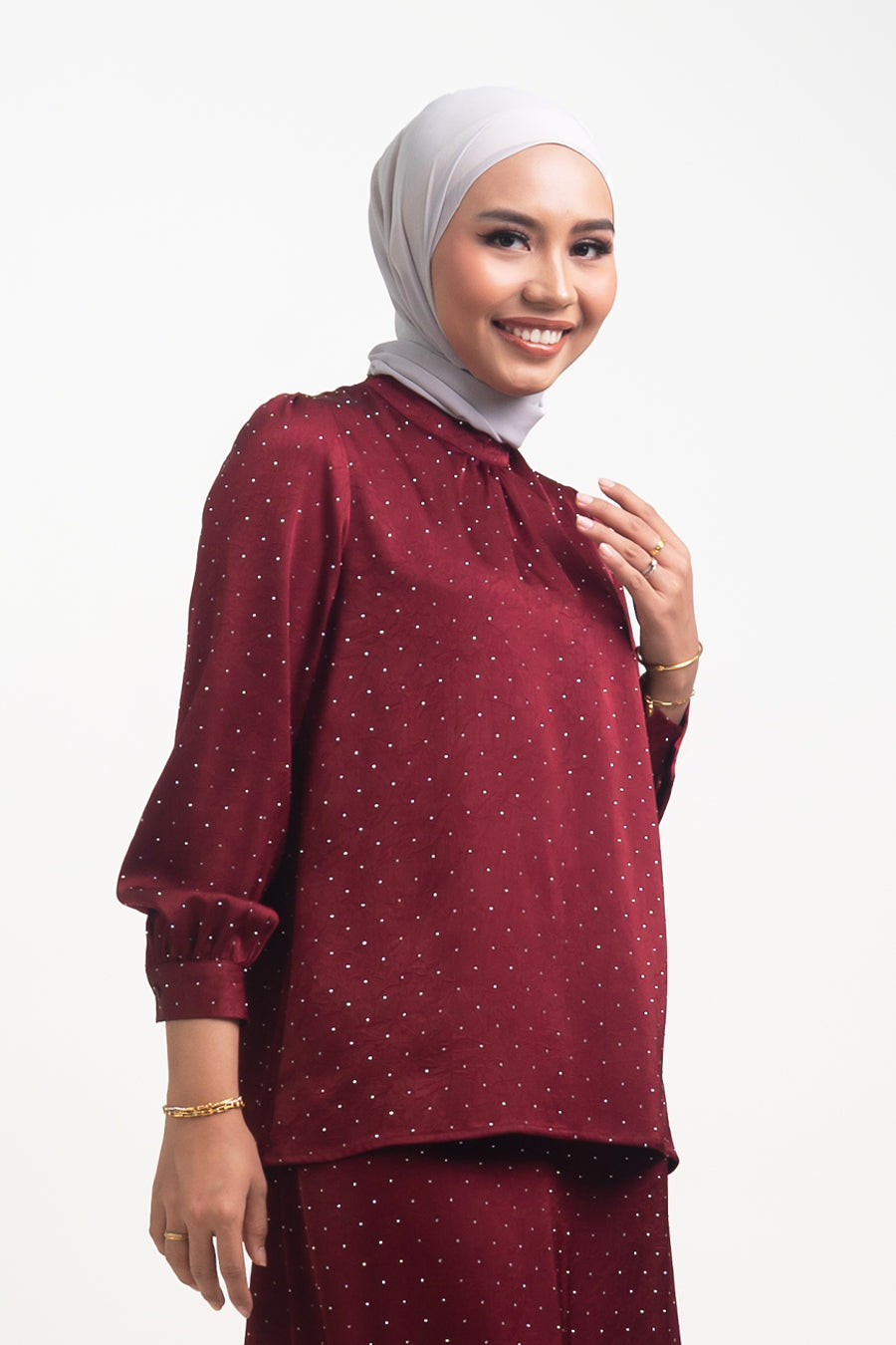 Silvie Crystal Crush Satin Blouse Burgundy