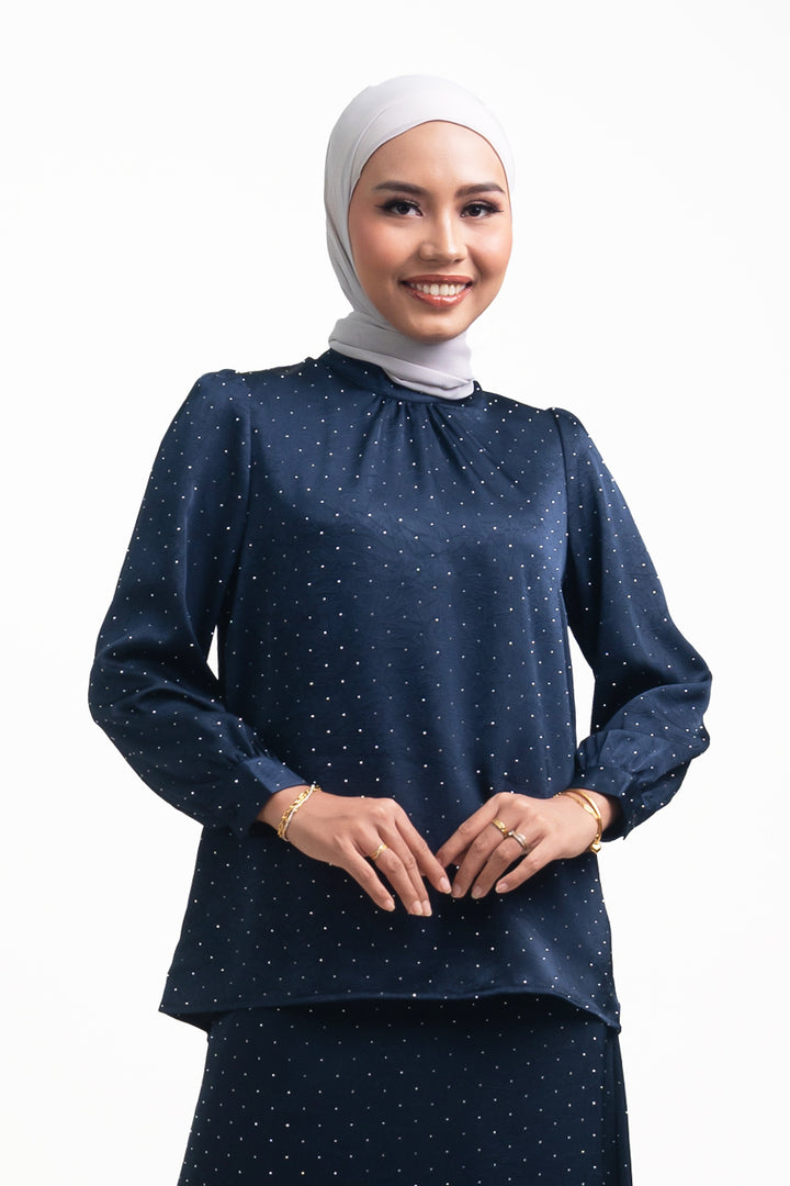 Silvie Crystal Crush Satin Blouse Navy