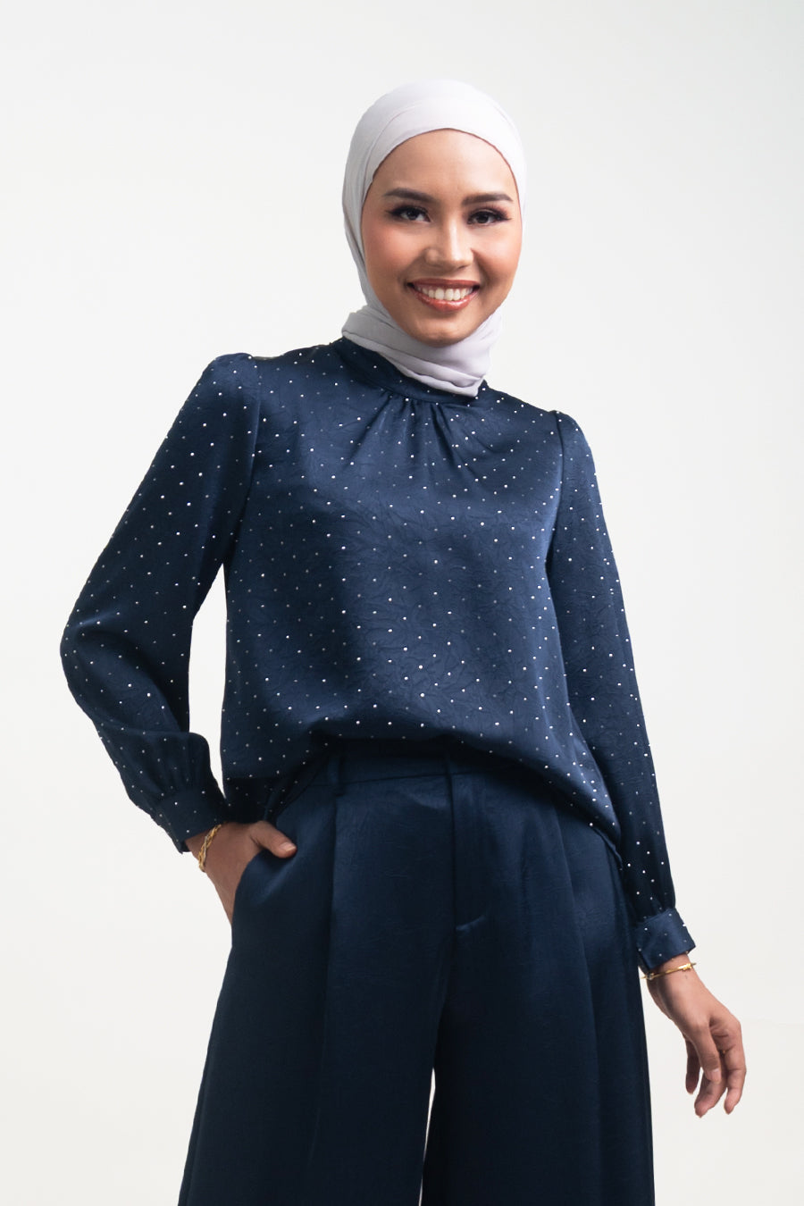 Silvie Crystal Crush Satin Blouse Navy