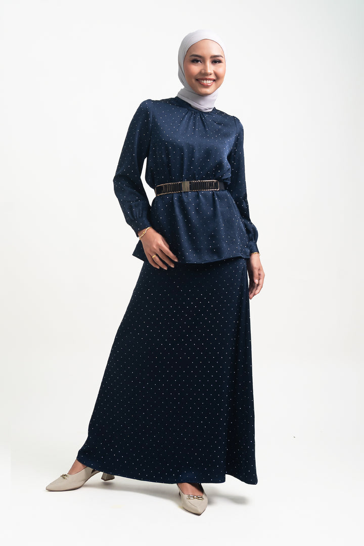 Silvie Crystal Crushed Satin Skirt Navy