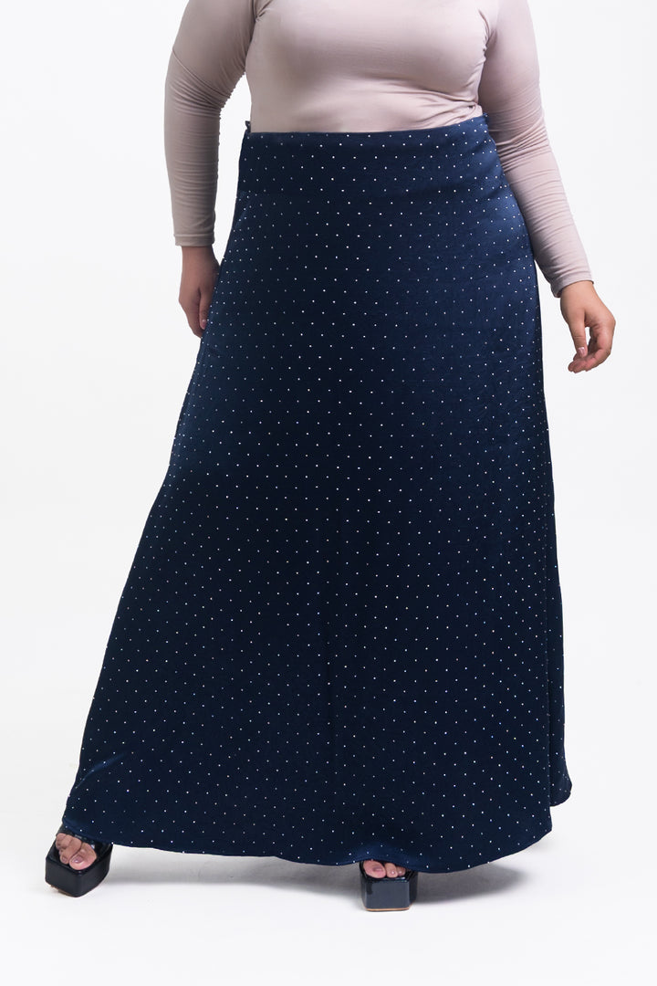 Silvie Plus Crystal Crushed Satin Skirt Navy