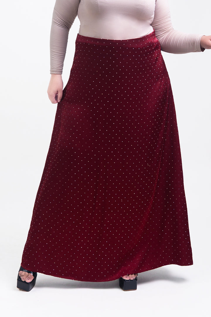Silvie Plus Crystal Crushed Satin Skirt Burgundy