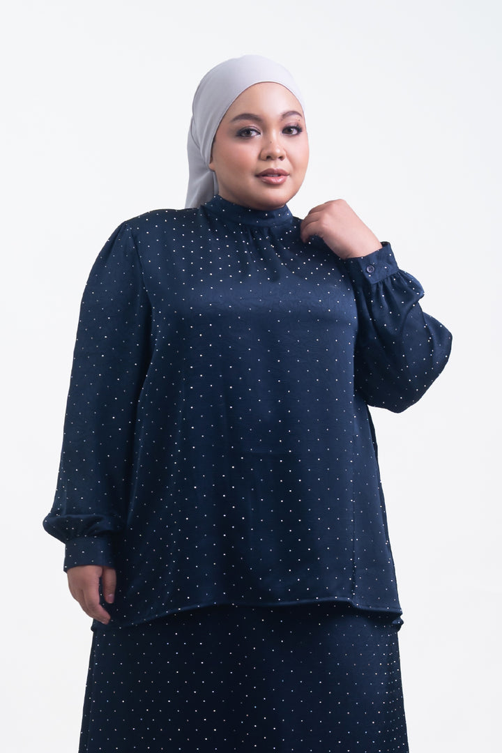Silvie Plus Crystal Crush Satin Blouse Navy