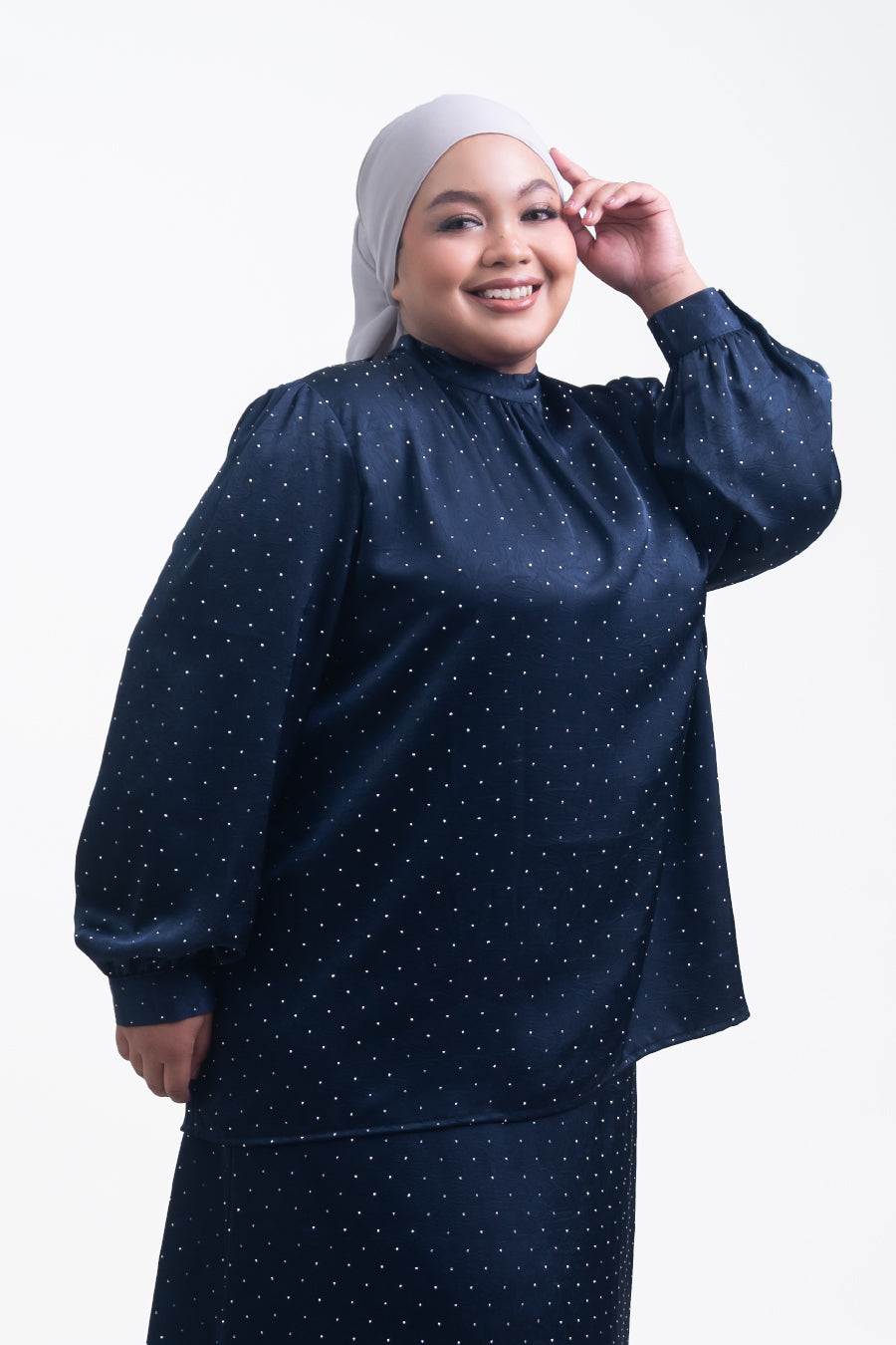Silvie Plus Crystal Crush Satin Blouse Navy