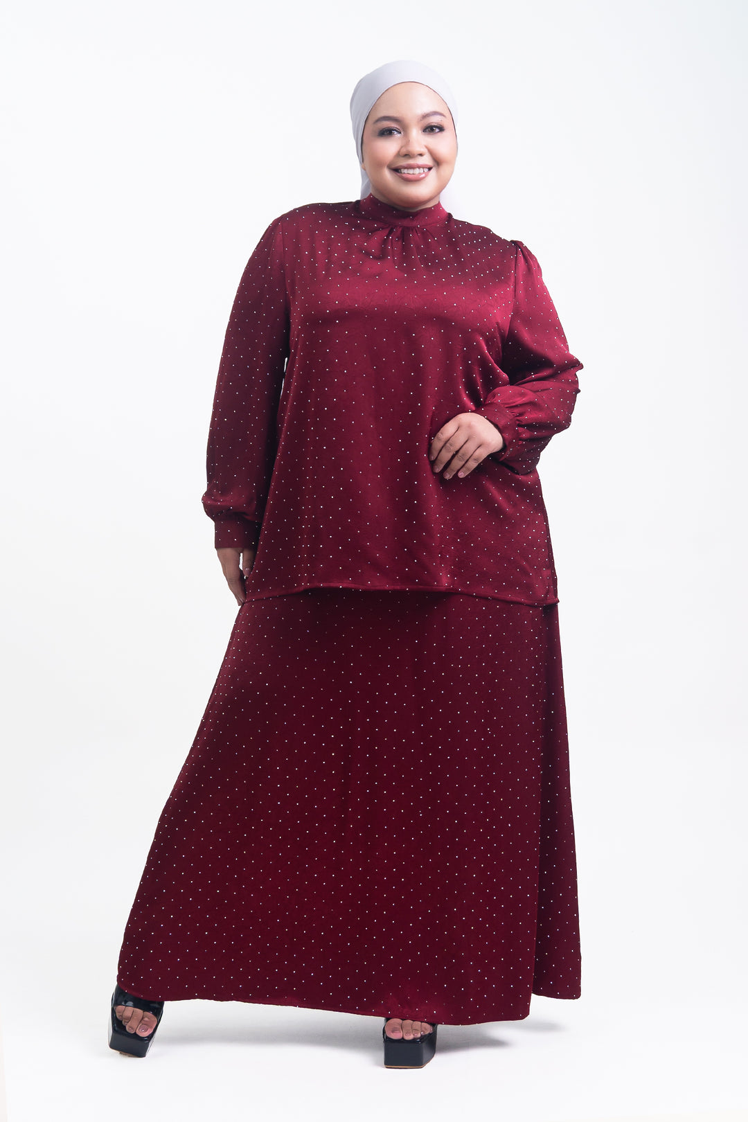 Silvie Plus Crystal Crushed Satin Skirt Burgundy