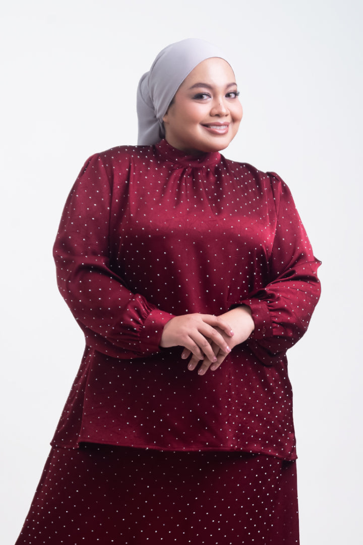 Silvie Plus Crystal Crush Satin Blouse Burgundy