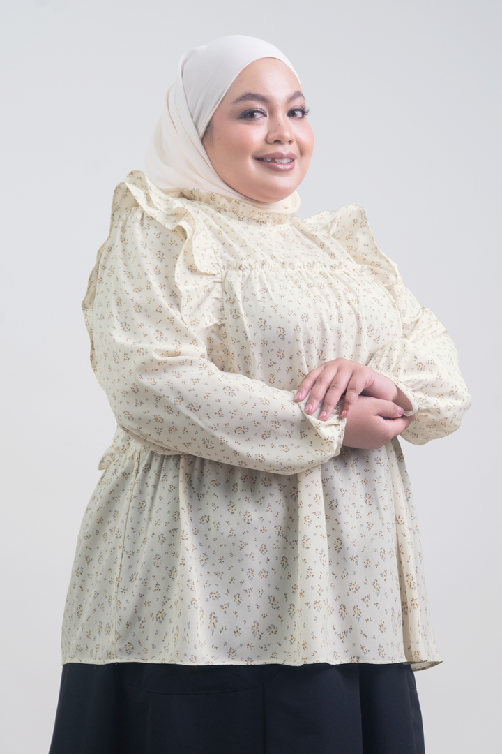 Uzmaa Plus Size Ruffled Floral Blouse Cream