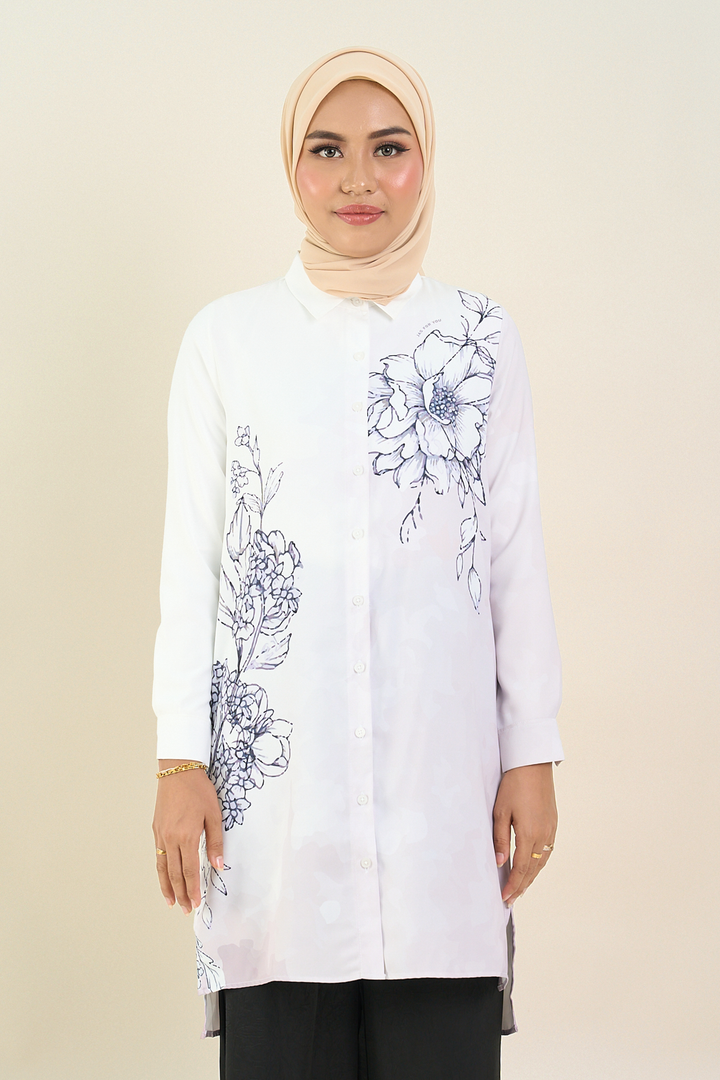 Nerina Printed Long Blouse White